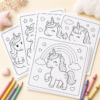 Free Unicorn Coloring Pages Sample Pack with printable black-and-white unicorn coloring pages and crayons