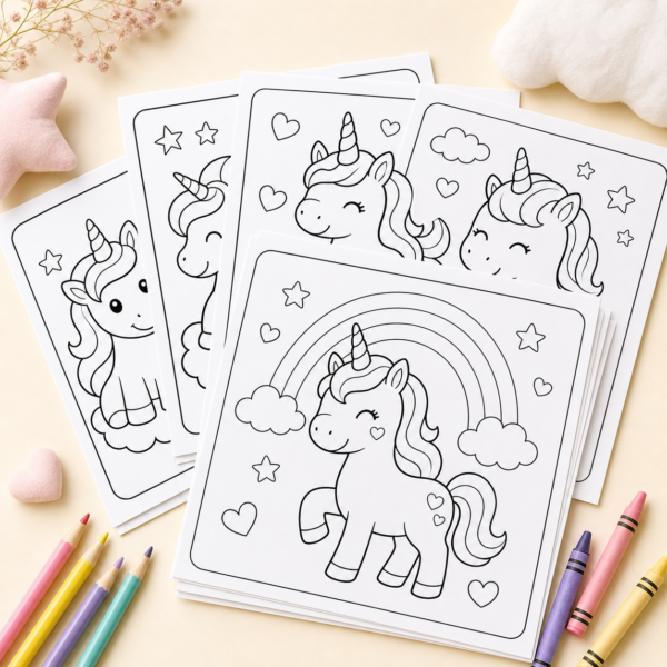 Free Unicorn Coloring Pages Sample Pack with printable black-and-white unicorn coloring pages and crayons