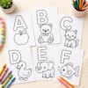 Preview collage of alphabet coloring pages A–Z for preschoolers with easy-to-color letters and cute objects