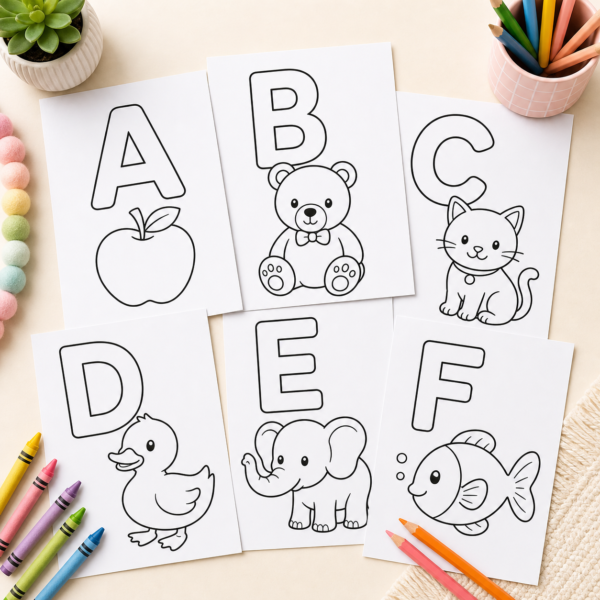 Preview collage of alphabet coloring pages A–Z for preschoolers with easy-to-color letters and cute objects