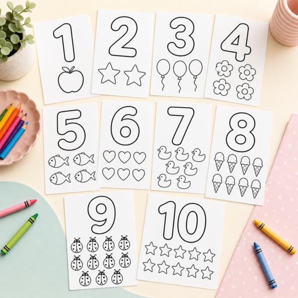 Number Coloring Pages 1–10 for Kids Ages 3–6 | Printable Pack Preview collage of number coloring pages 1–10 for preschool kids with easy-to-color counting designs