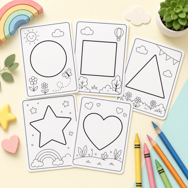 Shapes Coloring Pages for Preschool Learning | Printable Pack Preview collage of preschool shapes coloring pages with easy-to-color basic shape designs