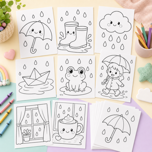 Preview collage of rainy day coloring pages for kids with umbrellas, puddles, clouds, and cozy indoor themes