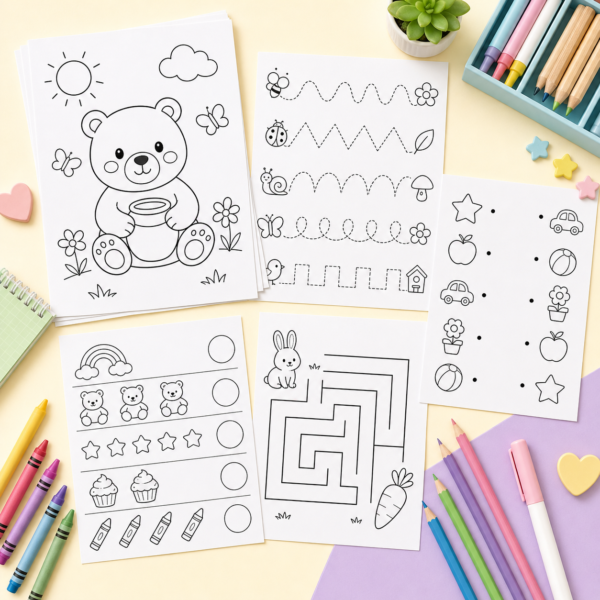 Preview collage of quiet time printable activities for preschoolers including coloring tracing counting and matching pages