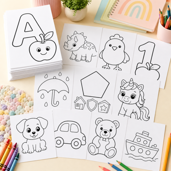 Preview collage of preschool coloring pages mega bundle with animals alphabet numbers shapes dinosaurs and more