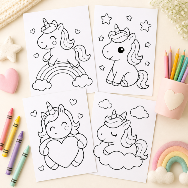 Preview collage of free unicorn coloring pages sample pack with simple preschool-friendly unicorn designs
