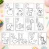 Preview collage of alphabet coloring pages A–Z for preschoolers with easy-to-color letters and cute objects