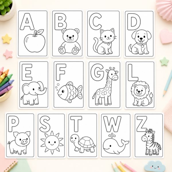 Preview collage of alphabet coloring pages A–Z for preschoolers with easy-to-color letters and cute objects