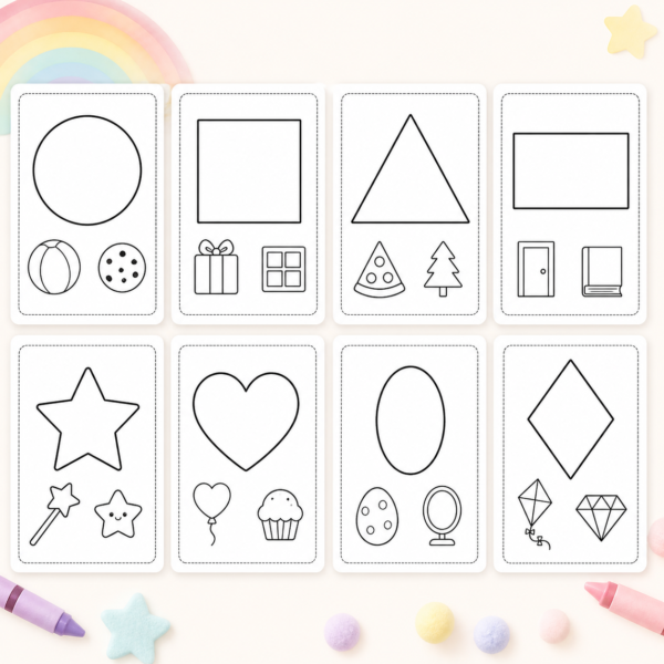 Shapes Coloring Pages for Preschool Learning | Printable Pack Preview collage of preschool shapes coloring pages with easy-to-color basic shape designs