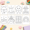Preview collage of rainy day coloring pages for kids with umbrellas, puddles, clouds, and cozy indoor themes