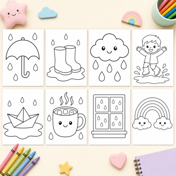 Preview collage of rainy day coloring pages for kids with umbrellas, puddles, clouds, and cozy indoor themes
