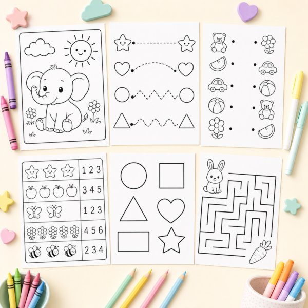 Preview collage of quiet time printable activities for preschoolers including coloring tracing counting and matching pages