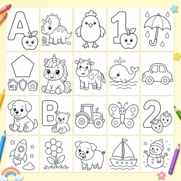 Preview collage of preschool coloring pages mega bundle with animals alphabet numbers shapes dinosaurs and more