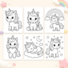 Preview collage of free unicorn coloring pages sample pack with simple preschool-friendly unicorn designs