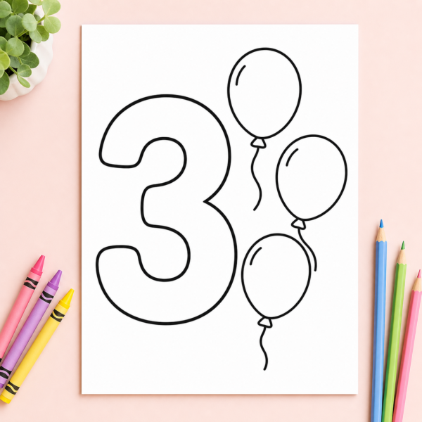Number Coloring Pages 1–10 for Kids Ages 3–6 | Printable Pack Close-up printable number coloring page for kids featuring a large number and matching objects