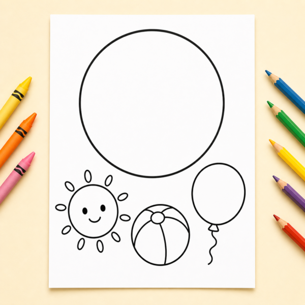 Shapes Coloring Pages for Preschool Learning | Printable Pack Close-up printable shapes coloring page for preschoolers featuring a large basic shape and simple objects