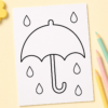 Close-up printable rainy day coloring page for preschool kids featuring a simple umbrella and raindrops