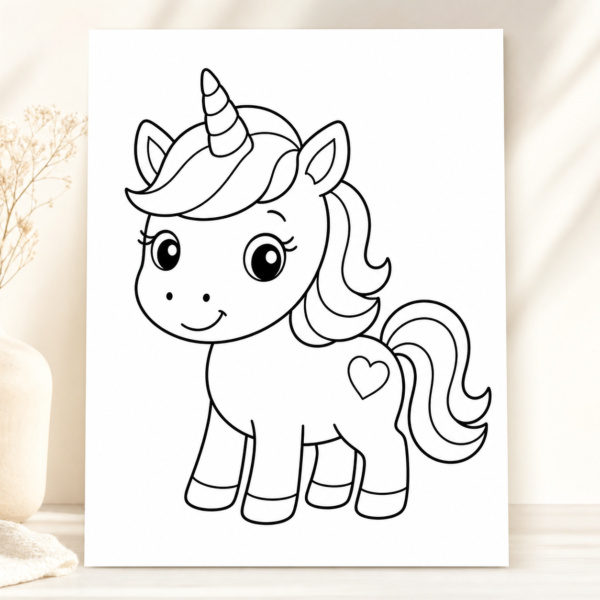 Close-up printable unicorn coloring page for preschool kids with simple bold-outline design
