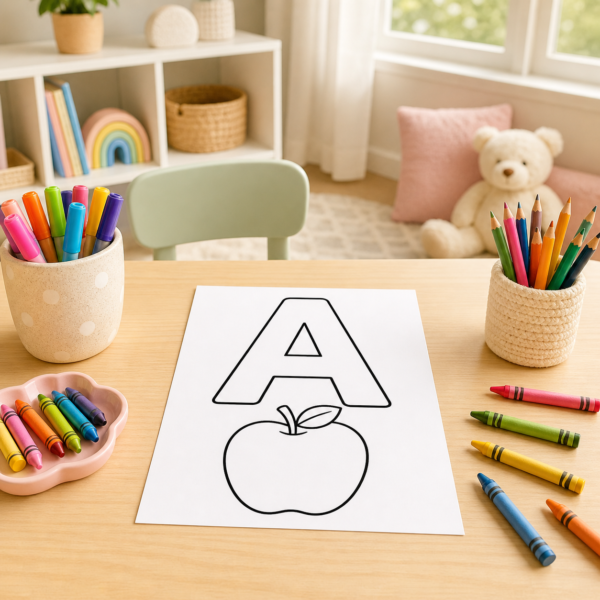 Printed alphabet coloring page for preschool kids with crayons on a table for home learning