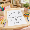 Printed rainy day coloring page with crayons on a table for preschool quiet time activity