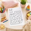 Printed quiet time activity worksheet with crayons on a table for preschool home learning