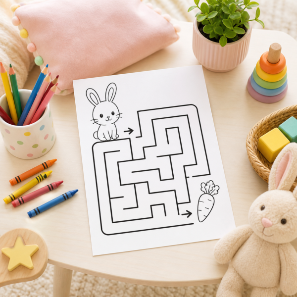 Printed quiet time activity worksheet with crayons on a table for preschool home learning