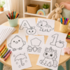Printed preschool coloring pages on a table with crayons for home learning and quiet time