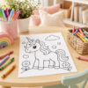 Printed unicorn coloring page with crayons on a table for preschool quiet time activity