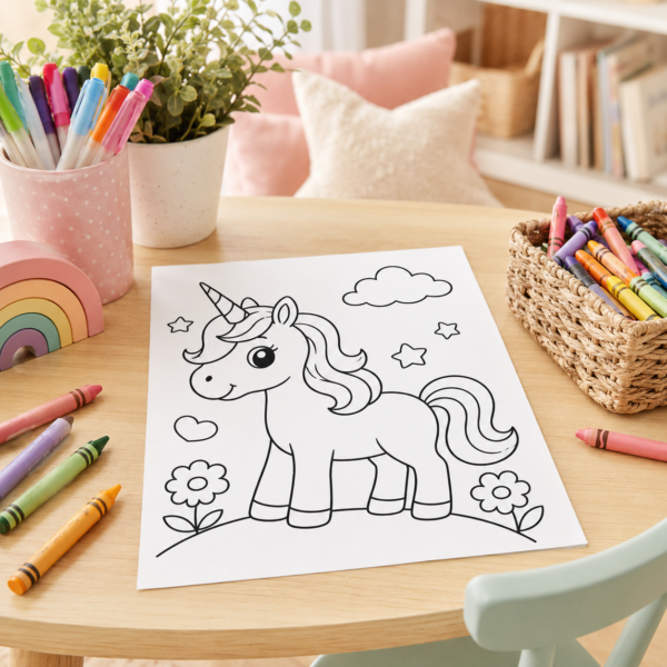 Printed unicorn coloring page with crayons on a table for preschool quiet time activity
