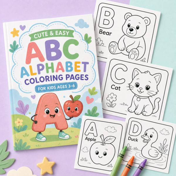 Printable Alphabet Coloring Pages A–Z for Preschoolers with simple black-and-white letter pages and crayons