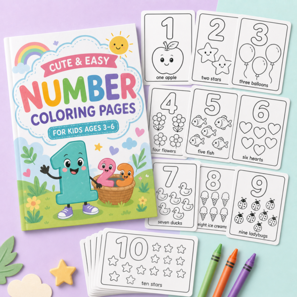 Printable Number Coloring Pages 1–10 for kids ages 3–6 with simple black-and-white counting pages and crayons