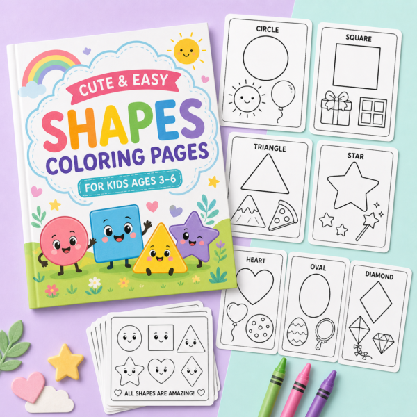 Printable Shapes Coloring Pages for Preschool Learning with simple black-and-white shape pages and crayons