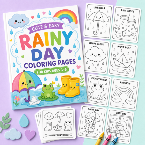 Rainy Day Printable Coloring Pack with simple black-and-white rainy day coloring pages and crayons