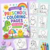 Preschool Coloring Pages Mega Bundle with printable black-and-white coloring pages and crayons