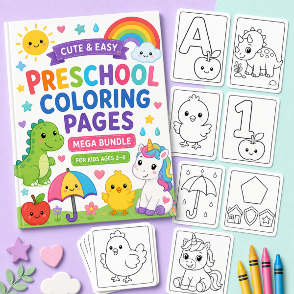 Preschool Coloring Pages Mega Bundle with printable black-and-white coloring pages and crayons