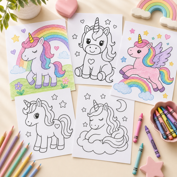 a- Preview of printable unicorn coloring pages for preschool kids