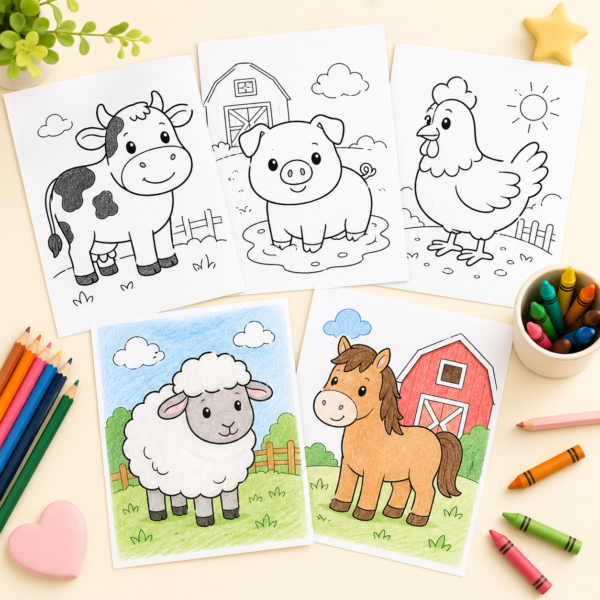 Preview of printable farm animal coloring pages for preschool kids