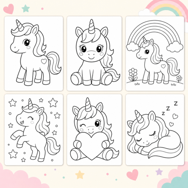 b- Preview of printable unicorn coloring pages for preschool kids