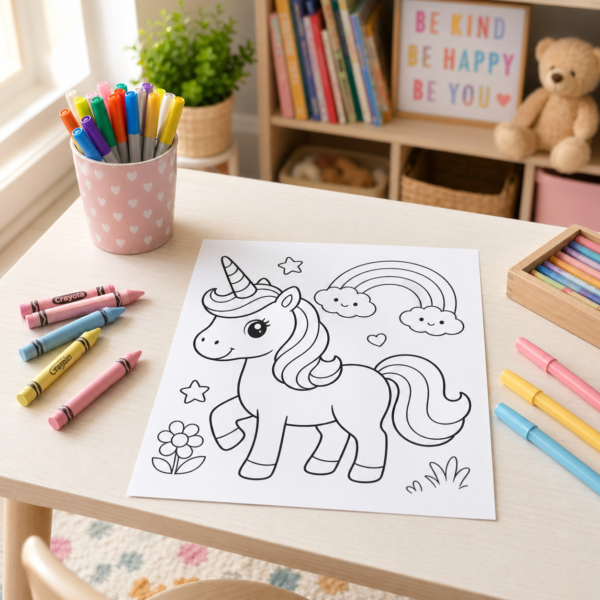 d- Printed unicorn coloring page activity for kids ages 3–6